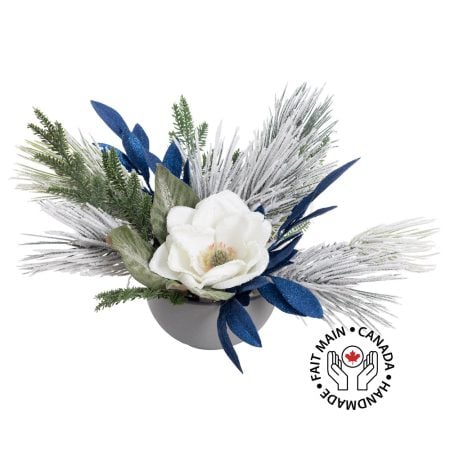 Flocked blue Christmas arrangement, 10 x 20''