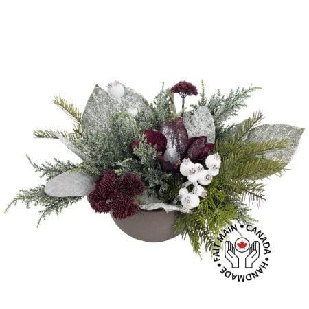 Purple magnolia Christmas centerpiece, 10 x 20''