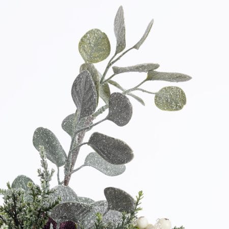 Eucalyptus and purple ornament Christmas arrangement - Décors Véronneau