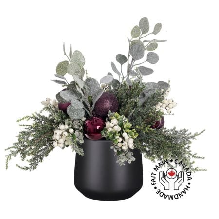 Eucalyptus and purple ornament Christmas arrangement