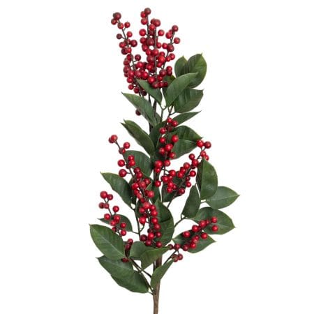 Artificial red berries with leaves stem, 35''