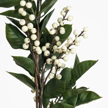 Artificial white berries with leaves stem, 35'' - Décors Véronneau