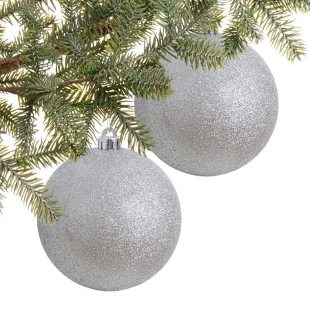Glittered silver plastic Christmas ornaments, 5,5''