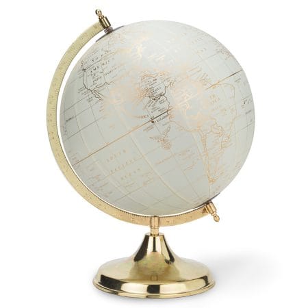 Globe terrestre crème sur pied or, 12''