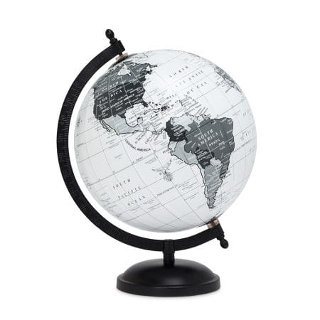 Globe terrestre blanc et gris sur pied noir, 8''