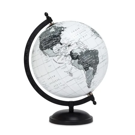 Globe terrestre blanc et gris sur pied noir, 8''