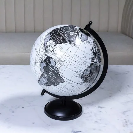 Globe terrestre blanc et gris sur pied noir, 8'' - Décors Véronneau