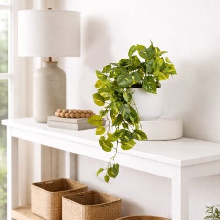 Artificial small pothos plant in a white pot - Décors Véronneau