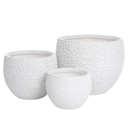 White embossed fiber clay round planter