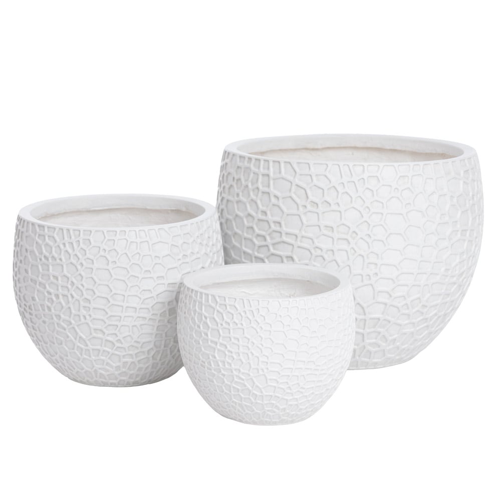 White embossed fiber clay round planter - Décors Véronneau