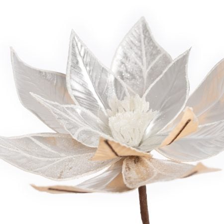 Metallic silver poinsettia Christmas flower, 22'' - Décors Véronneau