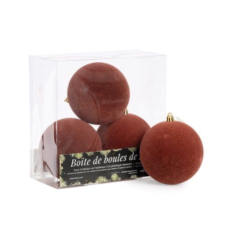 Boîte de 4 boules de Noël brunes fini velours, 4 pouces - Décors Véronneau