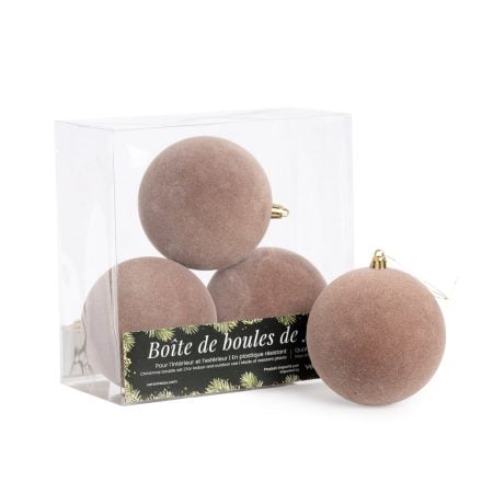 Boîte de 4 boules de Noël beiges fini velours, 4 pouces
