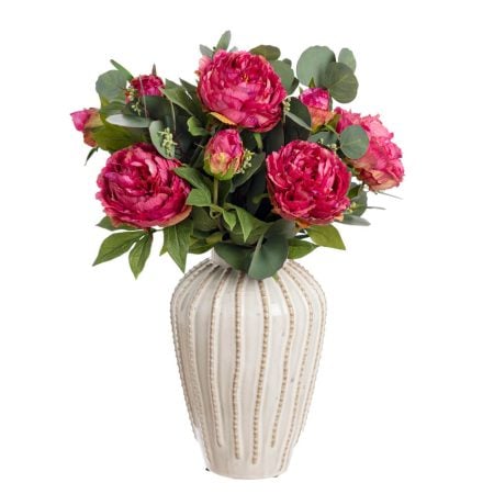 Arrangement floral artificiel de pivoines roses et eucalyptus