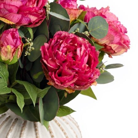 Arrangement floral artificiel de pivoines roses et eucalyptus - Décors Véronneau