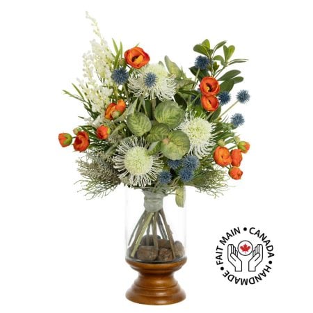Arrangement floral artificiel de renoncules et chardons