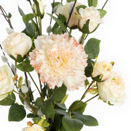 Petit bouquet de fleurs roses artificielles en vase ambré - Décors Véronneau