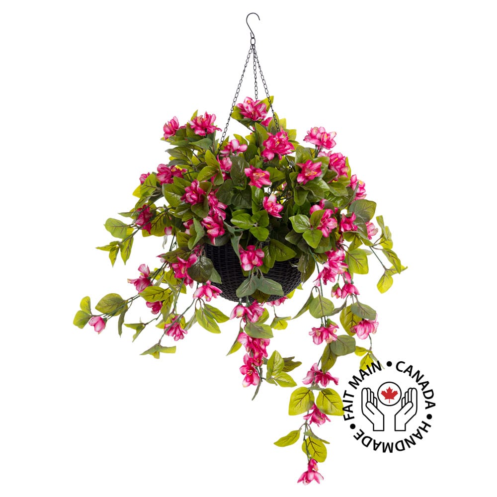 Jardinière suspendue d'azalée rose pâle en pot noir - Décors Véronneau