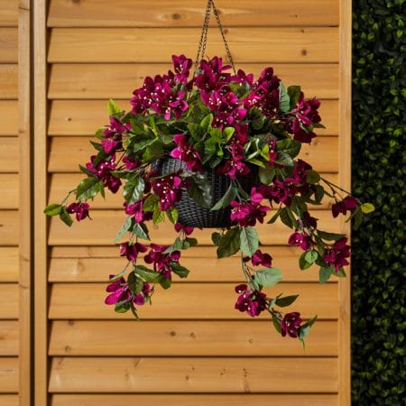 Jardinière suspendue de bougainvillier mauve en pot noir, 24 x 16'' - Décors Véronneau