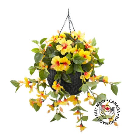 Jardinière suspendue d'hibiscus jaune en pot noir, 24 x 16''