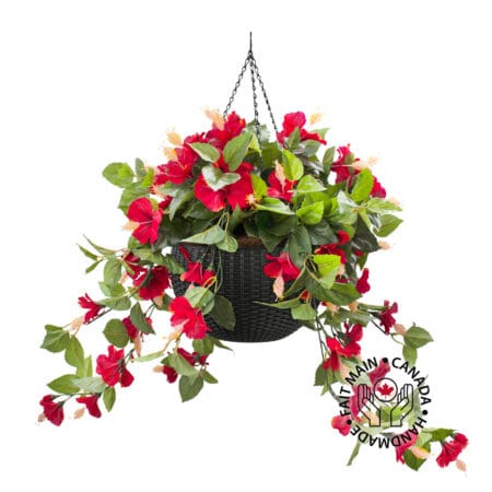 Jardinière suspendue d'hibiscus rouge en pot noir, 24 x 16''