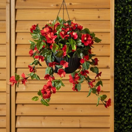Jardinière suspendue d'hibiscus rouge en pot noir, 24 x 16'' - Décors Véronneau