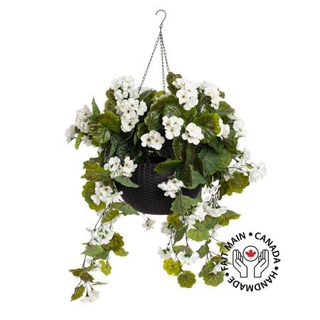 Jardinière suspendue de géranium blanc en pot noir, 24 x 16''