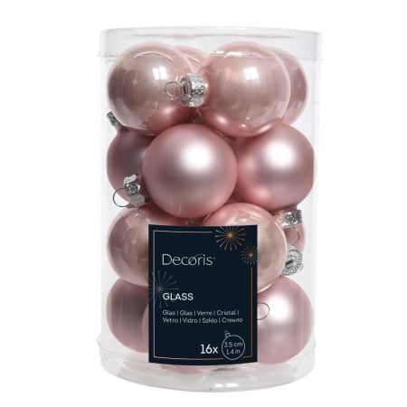 Box of 16 pink glass Christmas ornaments, 1,5''