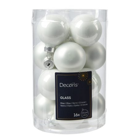 Box of 16 pearl white glass Christmas ornaments, 1,5''
