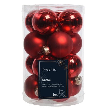 Box of 16 red glass Christmas ornaments, 1,5''