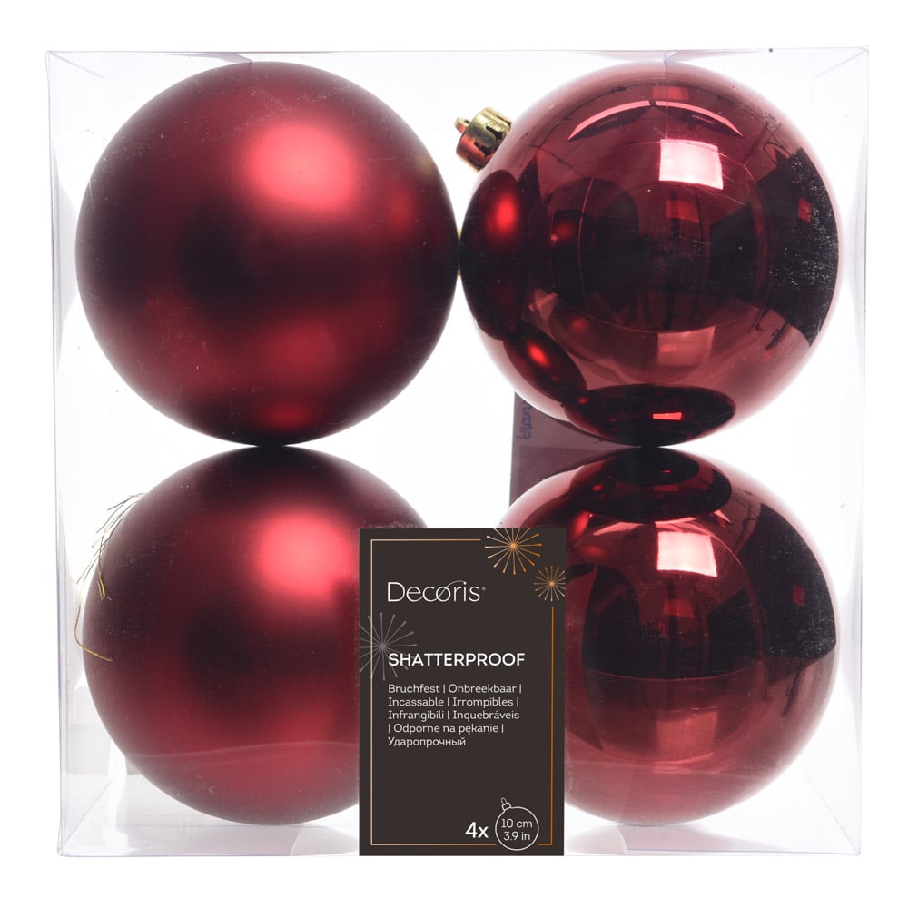 Boîte de 4 boules de Noël bordeaux mattes et lustrées - Décors Véronneau