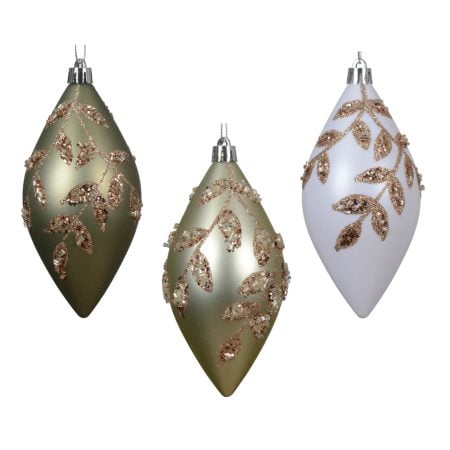 Champagne Christmas ornament with glittery leaves, 4,5''
