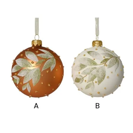Copper or white glass Christmas ornament with sage leaf, 3'' - Décors Véronneau