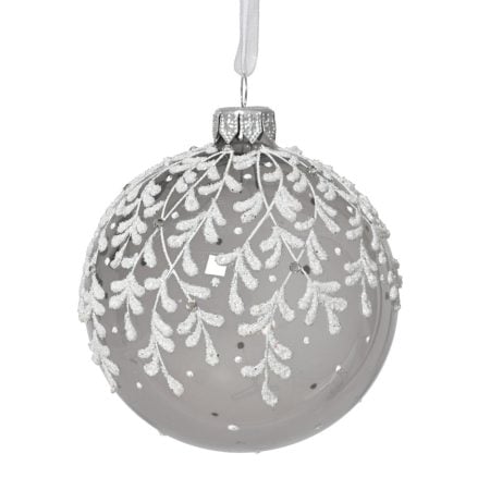 Grey leaf frosted glass Christmas bauble, 3''