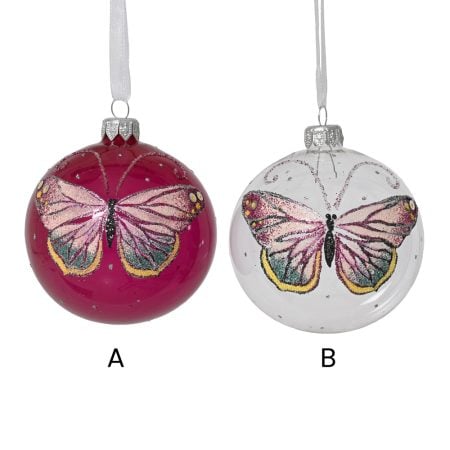 Pink butterfly glass Christmas ball, 3'' - Décors Véronneau