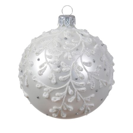 Boule de Noël blanche à motif de feuilles en verre soufflé, 3''