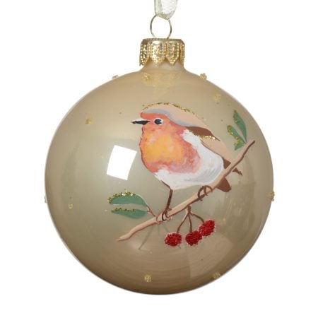 Mouthblown glass holly bird Christmas ornament, 3''