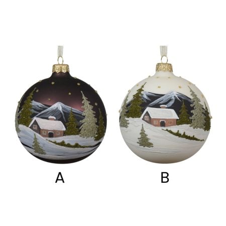 Mouthblown glass winter chalet Christmas ornament, 4'' - Décors Véronneau