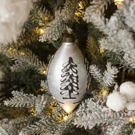 Winter white glass bauble with snowy trees, 3'' - Décors Véronneau