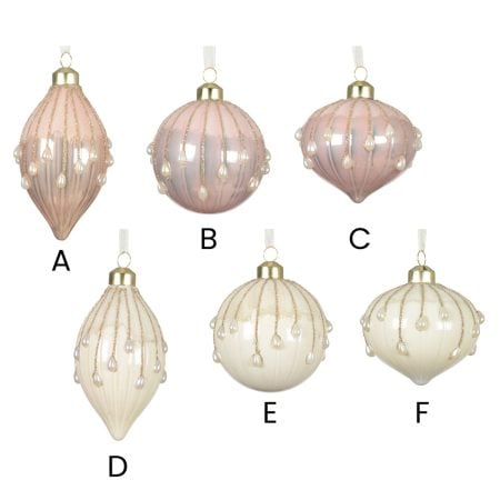 Pink or cream glass Christmas ball with pearls, 3'' - Décors Véronneau
