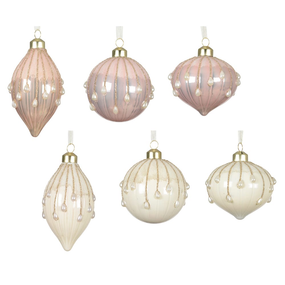 Boule de Noël en verre rose ou crème avec perles - Décors Véronneau