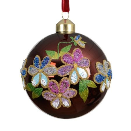 Burdundy Christmas ball adorned with colorful flowers, 4''