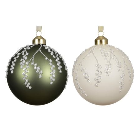 Forest green or cream Christmas ornament with foliage, 4''