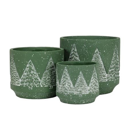 Cache-pot vert avec sapins de Noël