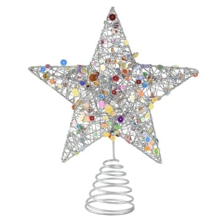 Sequined silver metal Christmas tree topper, 9''