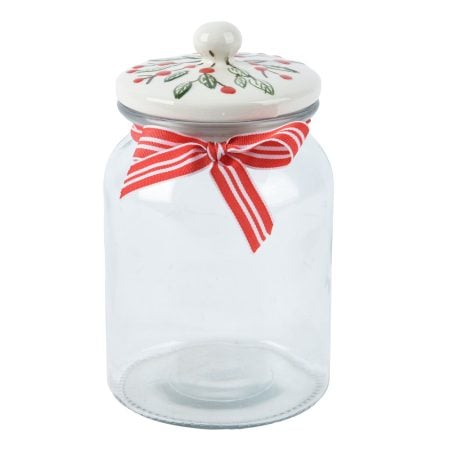 Christmas glass cookie jar with mistletoe design, 7''