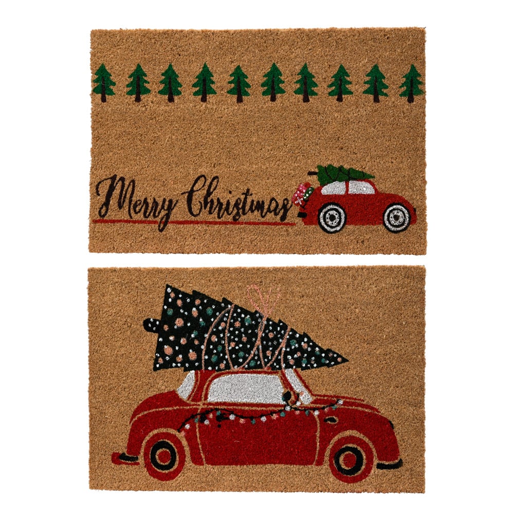 Paillasson de Noël avec auto rouge et sapin - Décors Véronneau