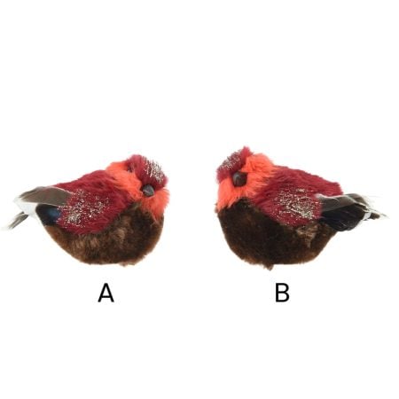 Oiseau rouge en fausse fourrure sur pince, 3'' - Décors Véronneau