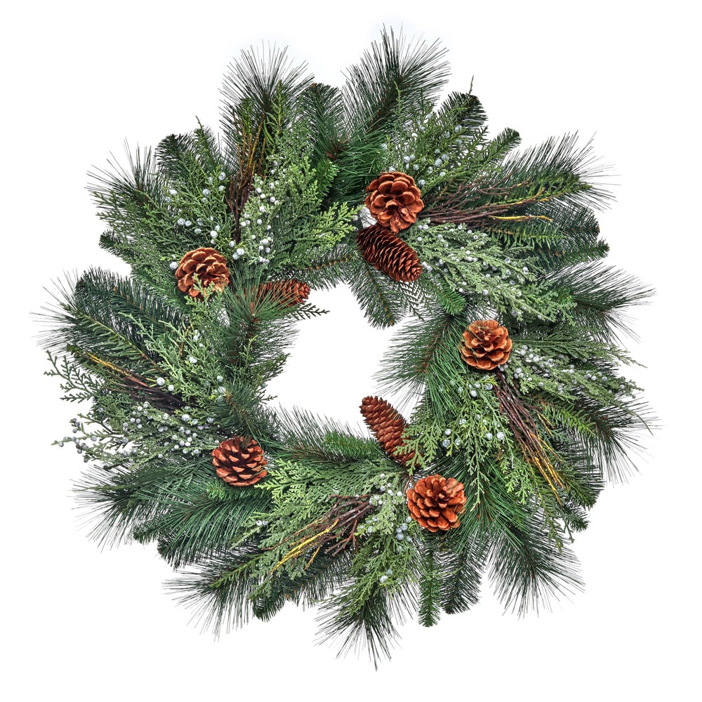 Couronne artificielle décorée de pin et baies de genévrier - Décors Véronneau