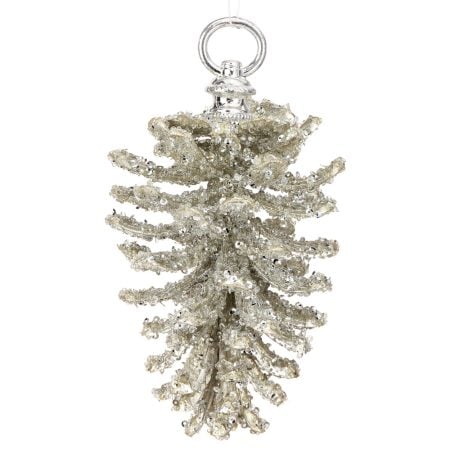 Iced platinum pinecone Christmas ornament with glitters, 7''